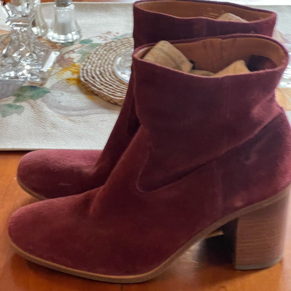 Suede booties in wine, size 8.5.